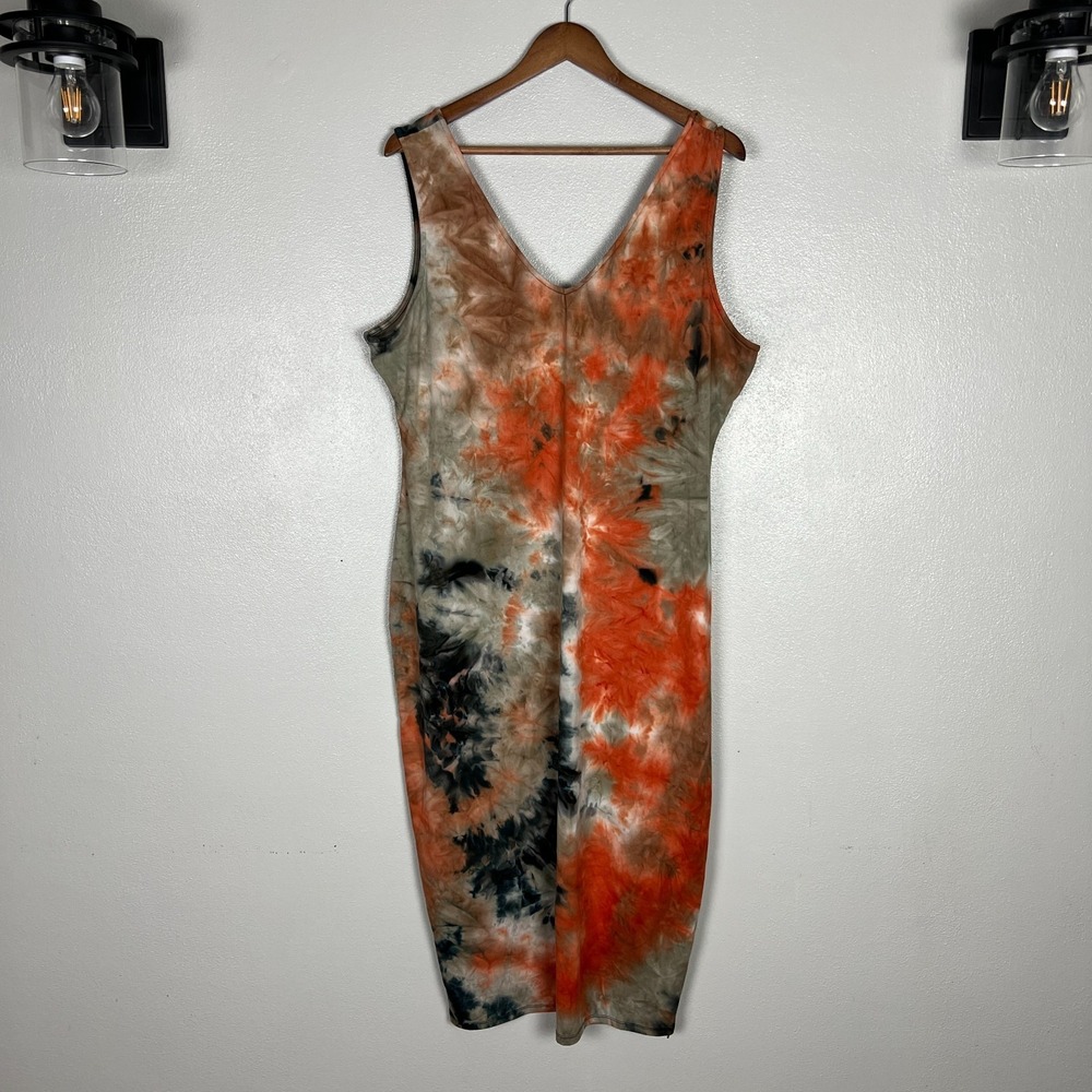 FASHION NOVA Midi Dress Womens 2X Colorful Tie Dye Fitted V-Neck Slim Fit Casual
